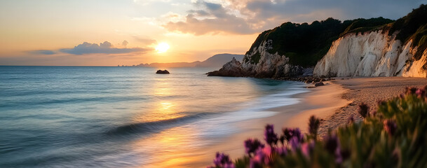 Wall Mural - the sun sets over an ocean shore, and there are mountains next to the beach,