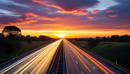 Wall Mural - Streaks of Light on a Highway at Sunset: A Long Exposure Journey