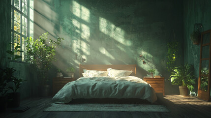 Sticker - Sunbeams stream through a window in a bedroom with a bed and houseplants.