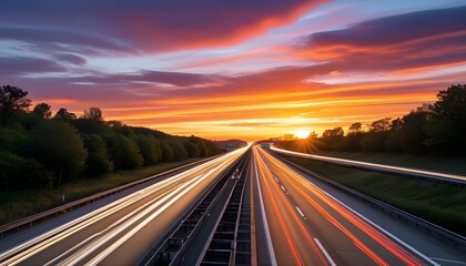 Wall Mural - Streaks of Light on a Highway at Sunset: A Long Exposure Journey