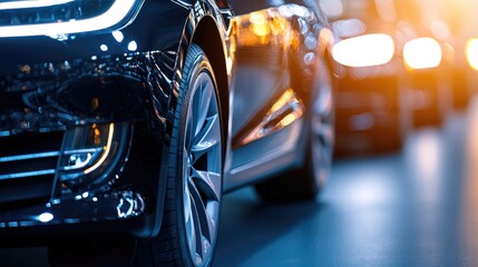 Close-up view of a sleek car wheel in dynamic urban traffic, showcasing modern automotive design and technology.