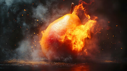 Poster - A vibrant explosion of color as a fiery fruit bursts, creating a stunning visual effect against a dark background.