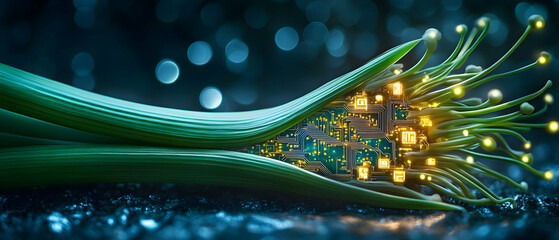 Poster - Futuristic illustration of fiber optic cable intertwined with electronic circuits, symbolizing technology and nature convergence.