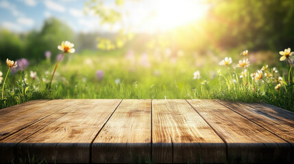 Poster - A sunlit meadow with flowers and a wooden platform in the foreground.