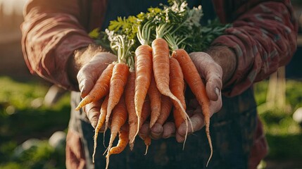 Wall Mural - freshly picked carrots in hands. Selective focus