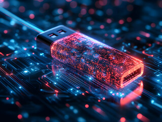 Poster - Futuristic USB drive glowing with vibrant lights, set against a backdrop of digital circuitry, showcasing technology and innovation.