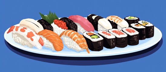 Poster - A plate of assorted fresh sushi featuring various Japanese varieties