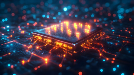 Poster - A vibrant microchip glowing amidst a network of colorful circuits, symbolizing cutting-edge technology and digital innovation.