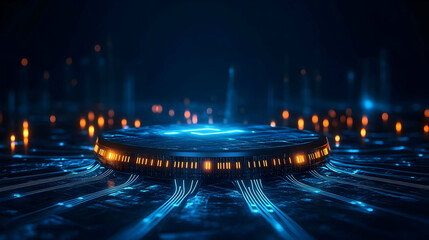 Futuristic digital circuit with a luminous blue platform and glowing nodes, representing advanced technology and connectivity.