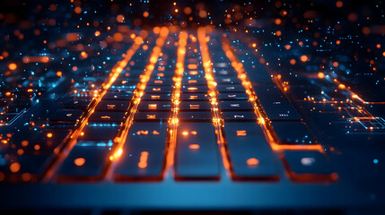 Poster - A close-up view of a futuristic keyboard illuminated with vibrant lights, symbolizing technology and innovation in the digital age.