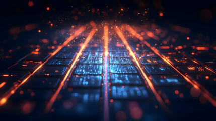 Poster - A vibrant futuristic digital landscape showcasing glowing lines and particles, creating a mesmerizing visual experience.