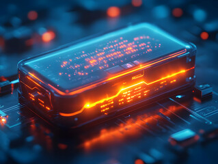 Poster - Futuristic device glowing on a circuit board, showcasing advanced technology and intricate details, ideal for tech-related projects.