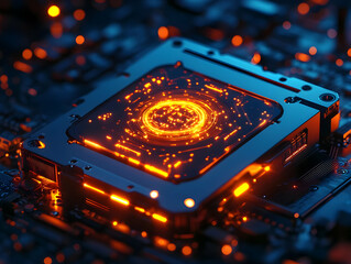 Poster - A close-up view of a glowing computer processor with intricate circuits, showcasing technology and innovation in a dynamic setting.