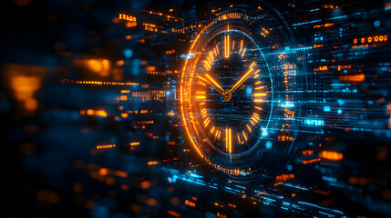 Poster - Futuristic clock with glowing elements, representing time and technology in a digital world. Perfect for tech-themed projects.