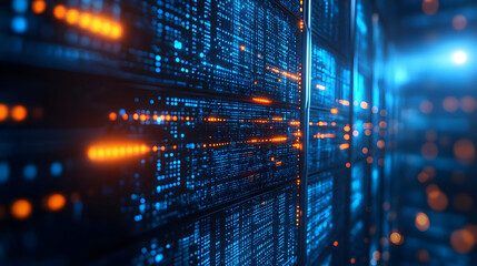 Poster - Vibrant digital data streaming through a modern server environment, showcasing blue and orange lights and intricate network details.