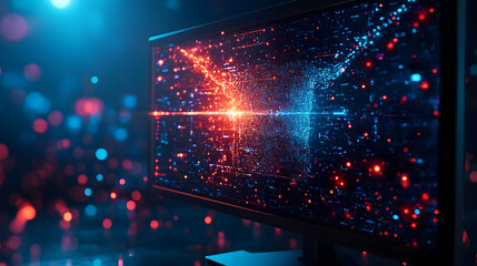 Poster - Dynamic computer screen displaying vibrant data visualization with colorful particles in a futuristic digital environment.