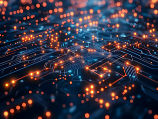 Poster - Close-up view of a vibrant circuit board with glowing lights, representing technology and digital innovation.