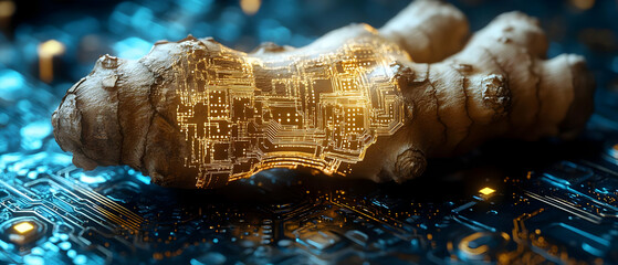 Poster - a blend of nature and technology, featuring a ginger root illuminated with intricate circuit designs
