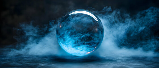 Poster - A captivating blue crystal orb surrounded by mystical smoke, creating a serene and ethereal atmosphere.