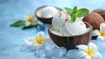 Coconut ice cream in bowl with ice