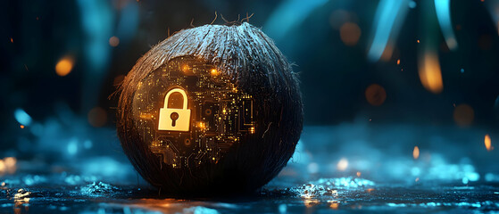 Poster - A secure coconut with a glowing lock symbol, representing privacy, safety, and protection in a captivating digital environment.