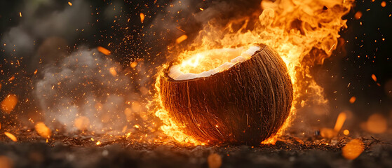 Poster - A dramatic image of a coconut enveloped in flames, creating an eye-catching display of fire and energy in a dark setting.