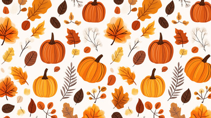 Wall Mural - Seamless pattern with hand-drawn pumpkins and autumn leaves in various shades of orange, yellow, and brown on a light background. Perfect for fall-themed designs and seasonal decorations.