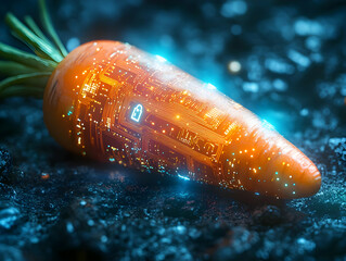 Poster - A futuristic carrot glowing with vibrant lights, showcasing a blend of nature and technology in a unique digital world.