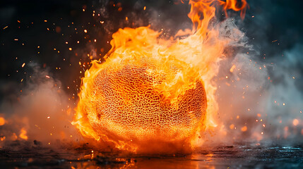 Poster - A fiery sphere engulfed in flames, surrounded by smoke and sparks, showcasing a dramatic and intense visual spectacle.