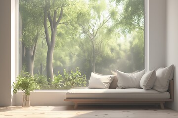 Wall Mural - Minimal sofa at window with garden view