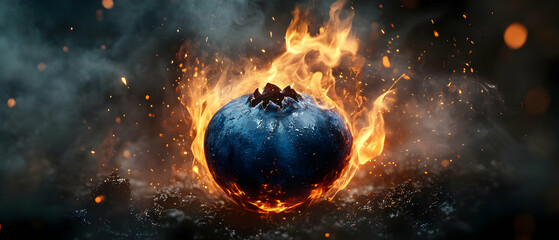 Poster - A striking image of a blue sphere engulfed in flames, creating a dramatic contrast against a smoky background.
