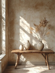 Wall Mural - Rustic wooden table with three ceramic vases and dried pampas grass in a natural light setting.