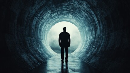 Wall Mural - A man stands in a tunnel with a dark sky above him