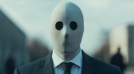 A man in a suit and tie is wearing a mask that covers his face