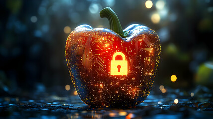 Poster - A glowing pepper with a padlock symbol, representing security and protection in a vibrant, magical setting with sparkles.
