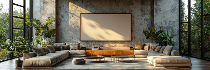 Wall Mural - Modern living room with large windows and a sectional sofa.