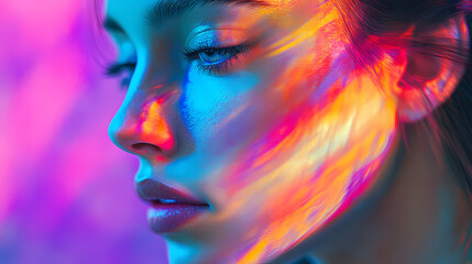 Wall Mural - Artistic portrait of a woman with colorful lighting. generative ai image. Soft Glow. Illustration