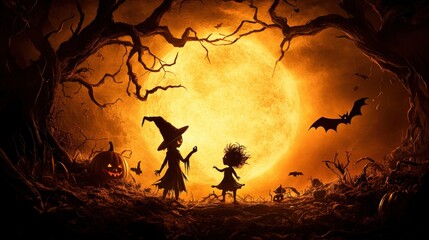 A Halloween scene with a witch