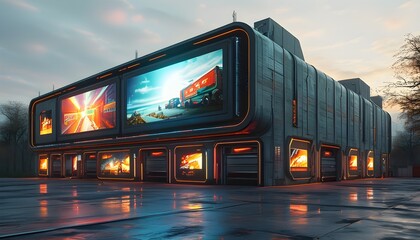 futuristic warehouse featuring a massive LED screen showcasing a vibrant advertisement