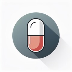 Poster - Minimalist Icon of a Red and White Capsule Pill with Long Shadow on a Light Background. Clean, Flat Design with Soft Stripes for Medical Pharmaceutical, or Health Related Concepts Vector Logo Icon PNG