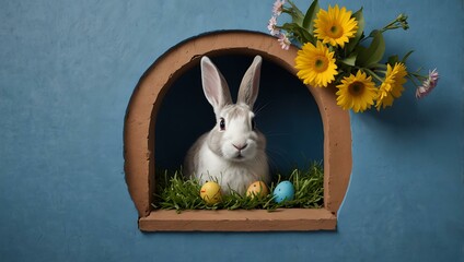 Wall Mural - Easter bunny peeking through a hole in a blue wall with eggs and flowers.