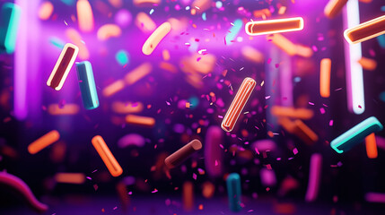 Poster - Vibrant abstract background featuring neon-colored cylindrical shapes and confetti suspended in midair against a purple backdrop.