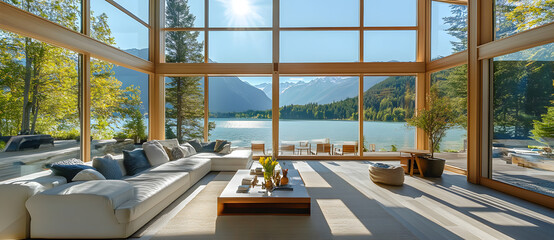 This bright and airy living space features large windows that overlook a tranquil lake and majestic mountains, perfectly blending nature with modern comfort