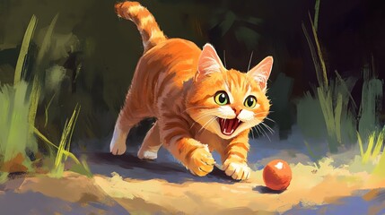 A playful orange cat chasing a ball in a vibrant, grassy environment, embodying joy and energy in a whimsical setting.