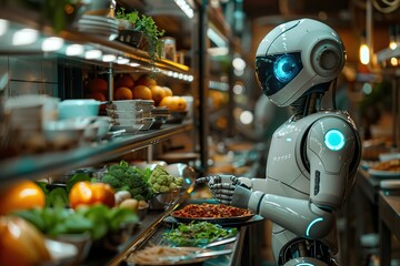 Poster - A robot is in a grocery store, picking up food