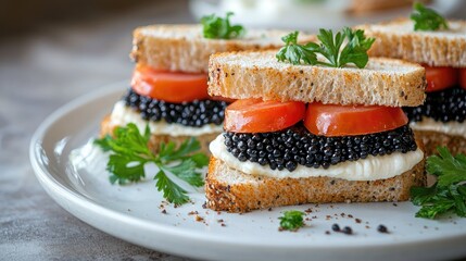 sandwiches with red caviar. Selective focus