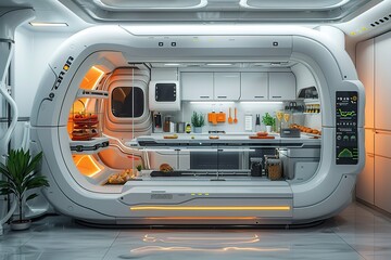 Poster - a futuristic kitchen with a white and orange color scheme