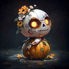 Poster - Cute Halloween Pumpkin Character with Sugar Skull Face