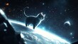© Benjarin - A whimsical cat exploring the cosmos, standing on a celestial body with a starry background, perfect for imaginative themes.