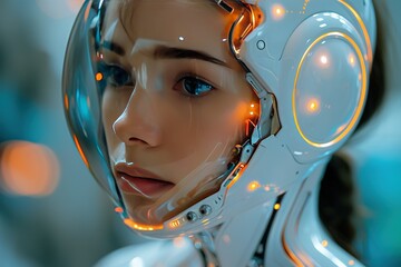 Poster - A woman in a white helmet with orange lights on it